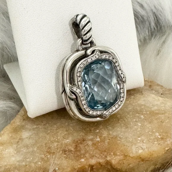 David Yurman Large Diamond Blue Topaz Labyrinth Enhancer Pendant .925 - Picture 3 of 10